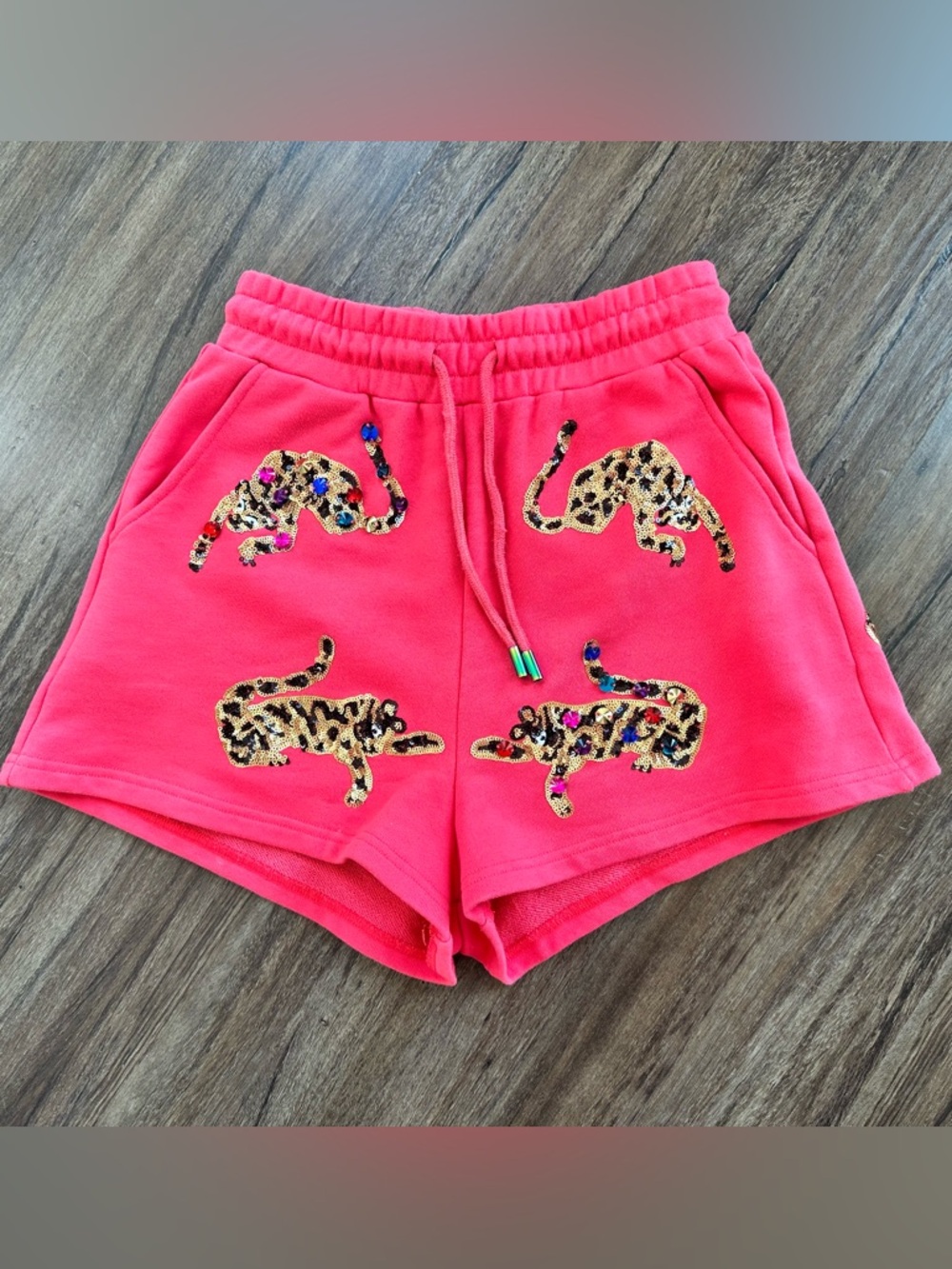 Queen of Sparkles Leopard Sweatshorts in Pink. Size XS